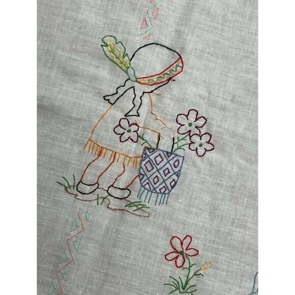 Vintage Hand Embroidered Cross Stitch Tablecloth Children 56” X 34” White Cotton - Picture 9 of 9
